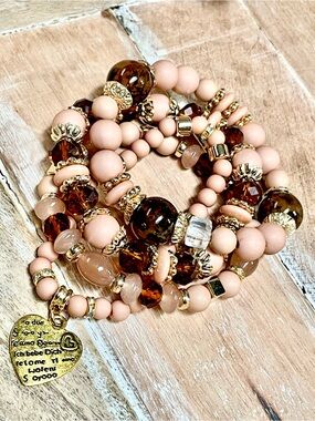 Blush Beige Pink and Amber Multi-Strand Beaded Bracelet
